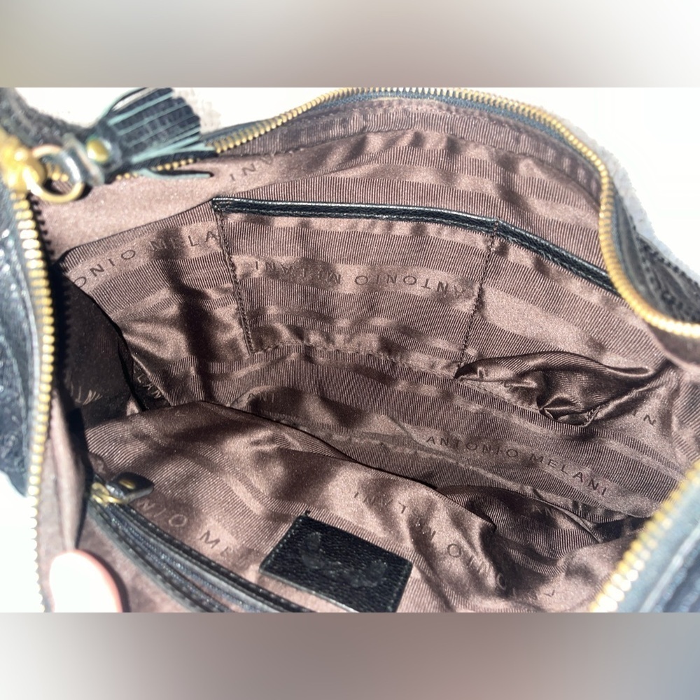 Antonio Melani Black Hobo Bag Quilted Leather Cargo Pockets Tassle Zips Shouder - Picture 8 of 11